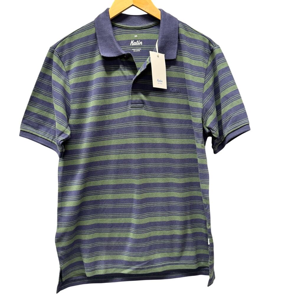 Katin Polo Shirt Mens Small Navy Blue Green Striped Ian Top Cotton NEW